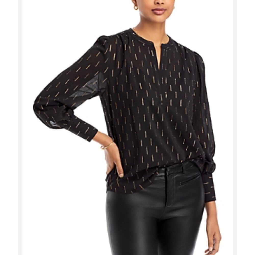 Tahari NWT Size Small Black Gold Clip Dot Sheer Blouse Long Sleeve V-Neck Top
